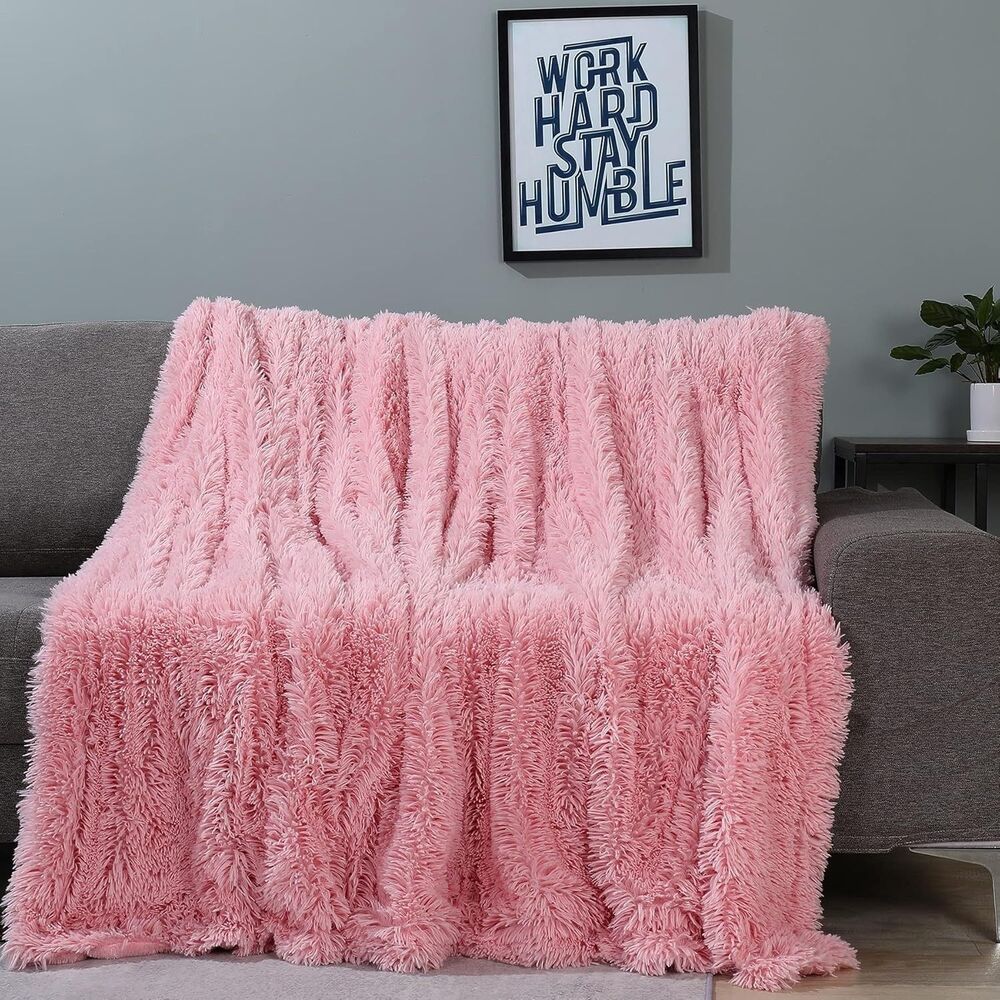 Decorative Extra Soft Pink Fuzzy Faux Fur Throw Blanket 50" x 60",Reversible...